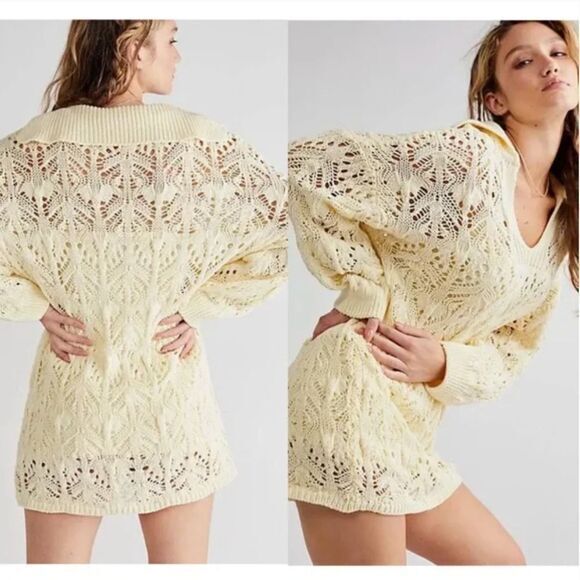 NEW Free People Elton Cream Crochet Knit‎ Long Sleeve Mini Dress, L - Picture 1 of 16